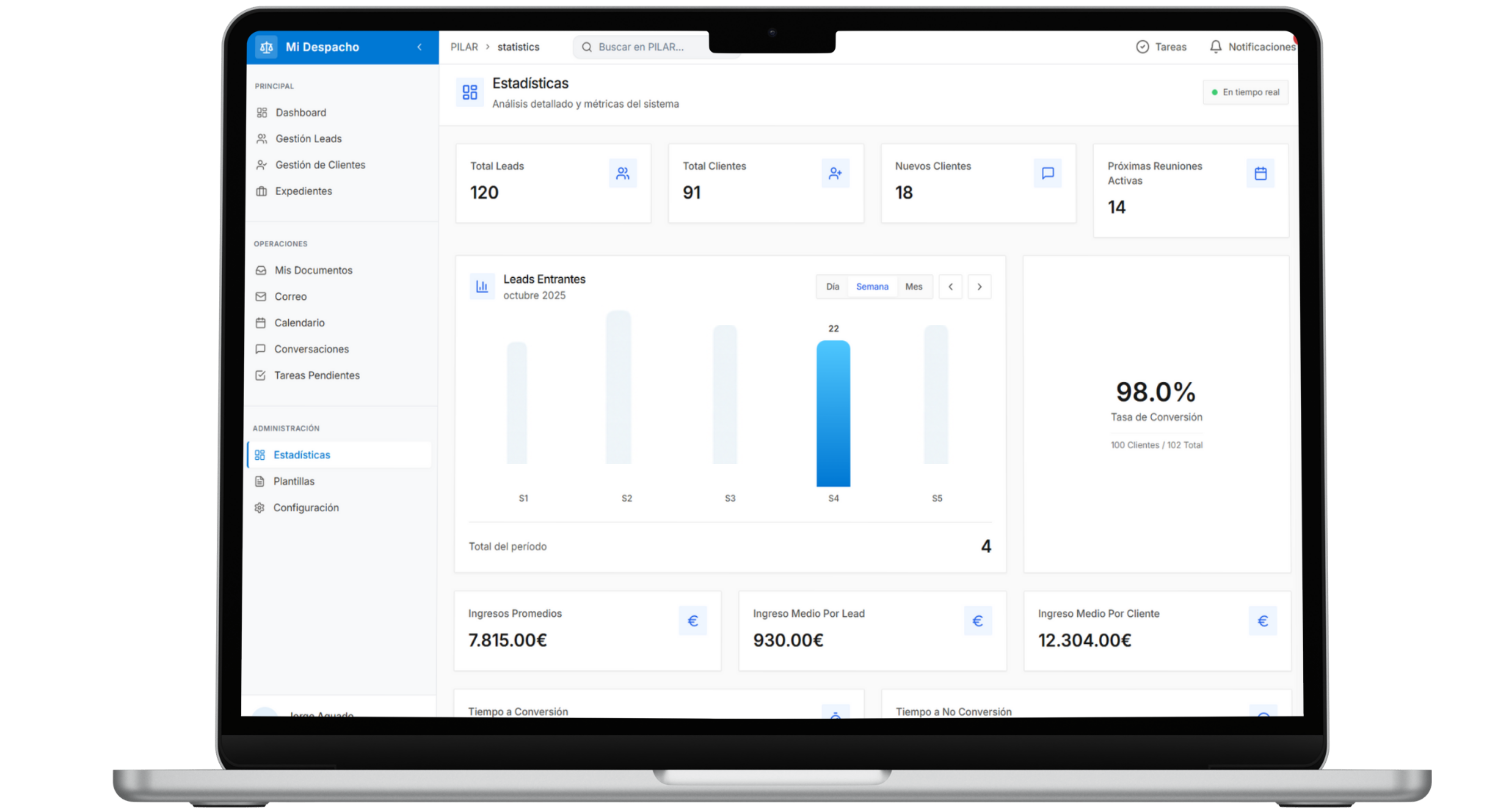 Software de automatización legal Speakwall mostrando CRM para despachos de abogados con IA conversacional y búsqueda CENDOJ